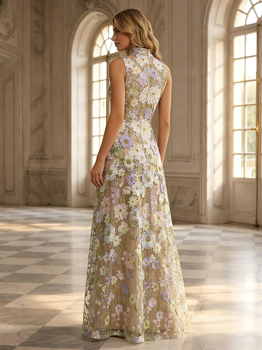 Lace Appliques A-Line/Princess High Neck Floor-Length Formal Dresses for Women