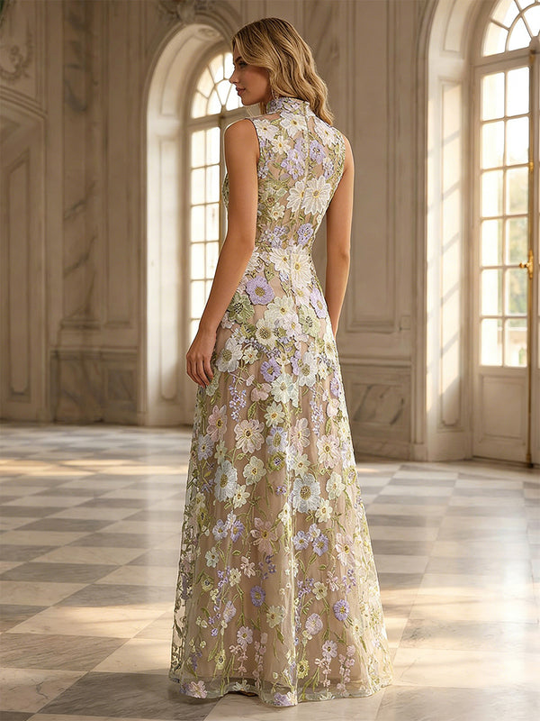 Lace Appliques A-Line/Princess High Neck Floor-Length Formal Dresses for Women