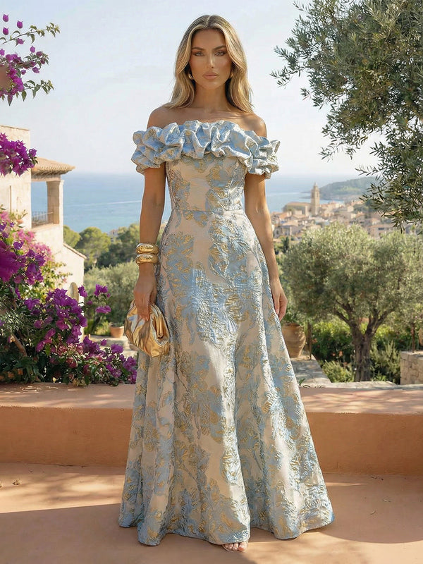 Jacquard A-Line/Princess Off Shoulder Floor-Length Formal Dresses with Sweep Train