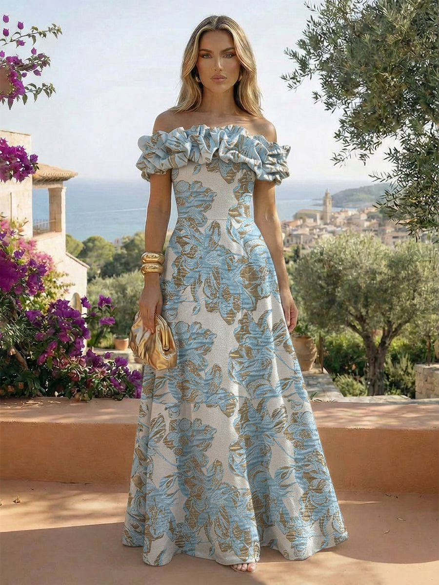 Jacquard A-Line/Princess Off Shoulder Floor-Length Formal Dresses with Sweep Train