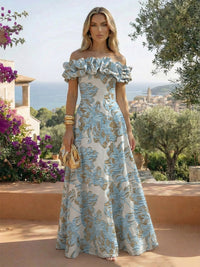 Jacquard A-Line/Princess Off Shoulder Floor-Length Formal Dresses with Sweep Train