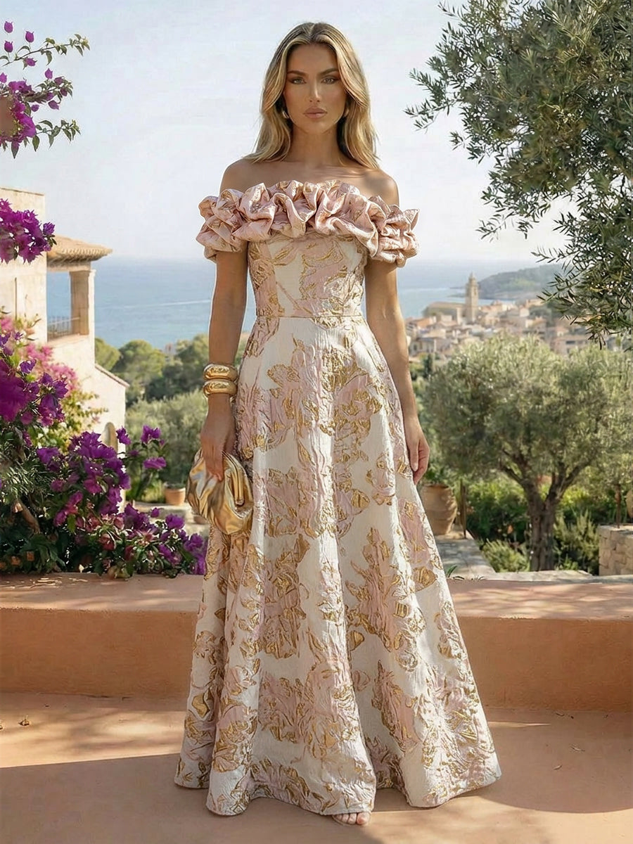 Jacquard A-Line/Princess Off Shoulder Floor-Length Formal Dresses with Sweep Train