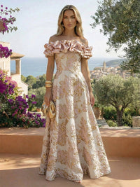 Jacquard A-Line/Princess Off Shoulder Floor-Length Formal Dresses with Sweep Train