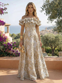 Jacquard A-Line/Princess Off Shoulder Floor-Length Formal Dresses with Sweep Train