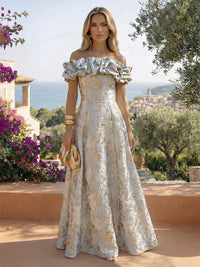 Jacquard A-Line/Princess Off Shoulder Floor-Length Formal Dresses with Sweep Train