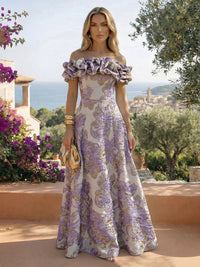 Jacquard A-Line/Princess Off Shoulder Floor-Length Formal Dresses with Sweep Train