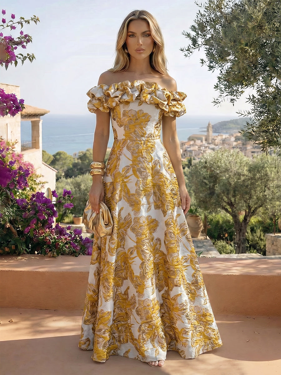 Jacquard A-Line/Princess Off Shoulder Floor-Length Formal Dresses with Sweep Train