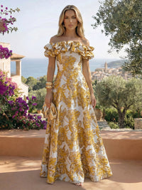 Jacquard A-Line/Princess Off Shoulder Floor-Length Formal Dresses with Sweep Train