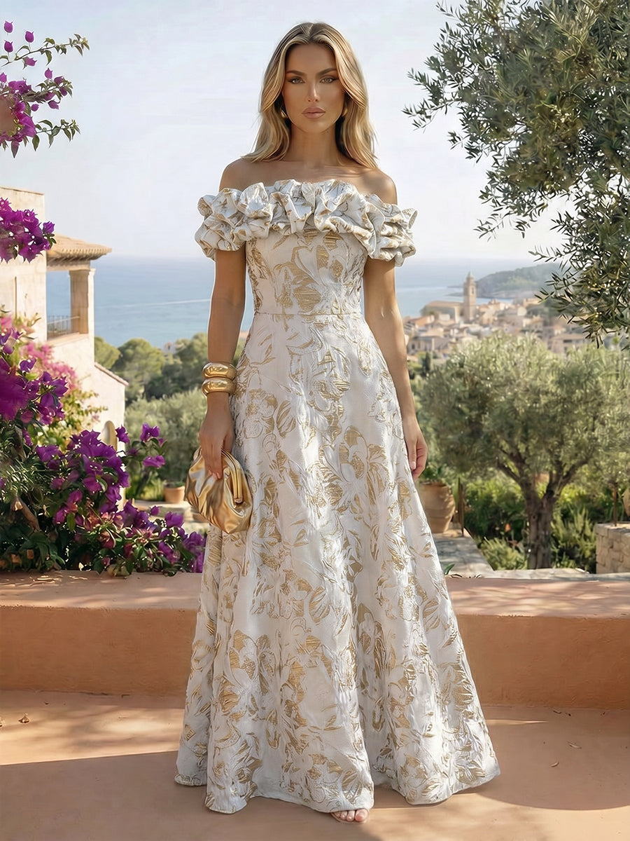 Jacquard A-Line/Princess Off Shoulder Floor-Length Formal Dresses with Sweep Train