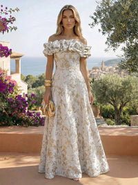 Jacquard A-Line/Princess Off Shoulder Floor-Length Formal Dresses with Sweep Train