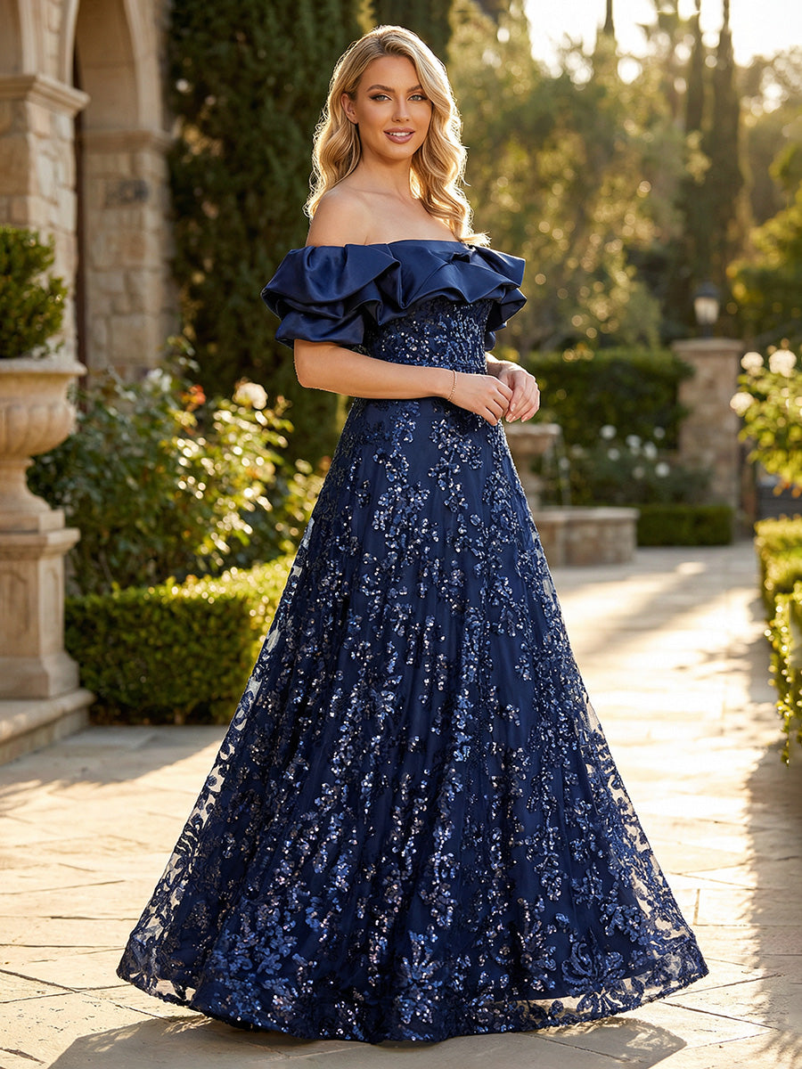Lace A-Line/Princess Off Shoulder Floor-Length Formal Dresses with Sequin Floral