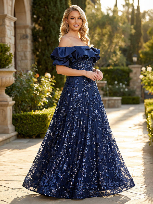 Lace A-Line/Princess Off Shoulder Floor-Length Formal Dresses with Sequin Floral