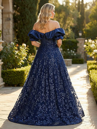 Lace A-Line/Princess Off Shoulder Floor-Length Formal Dresses with Sequin Floral