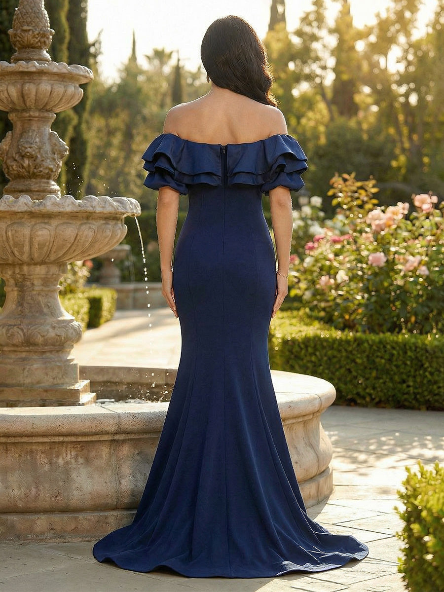 Stretch Mesh Mermaid/Trumpet Off Shoulder Floor-Length Formal Dresses with Sweep Train