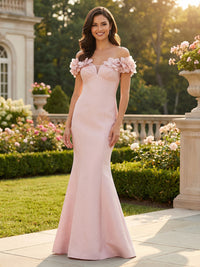 Satin Mermaid/Trumpet Off Shoulder Floor-Length Formal Dresses with 3D Flowers