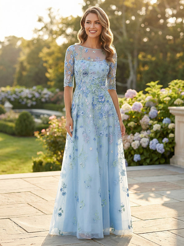 Tulle A-Line/Princess Scoop Neck Floor-Length Formal Dresses with Appliques