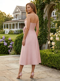 Satin A-Line/Princess Strapless Tea-Length Formal Dresses with 3D Flowers