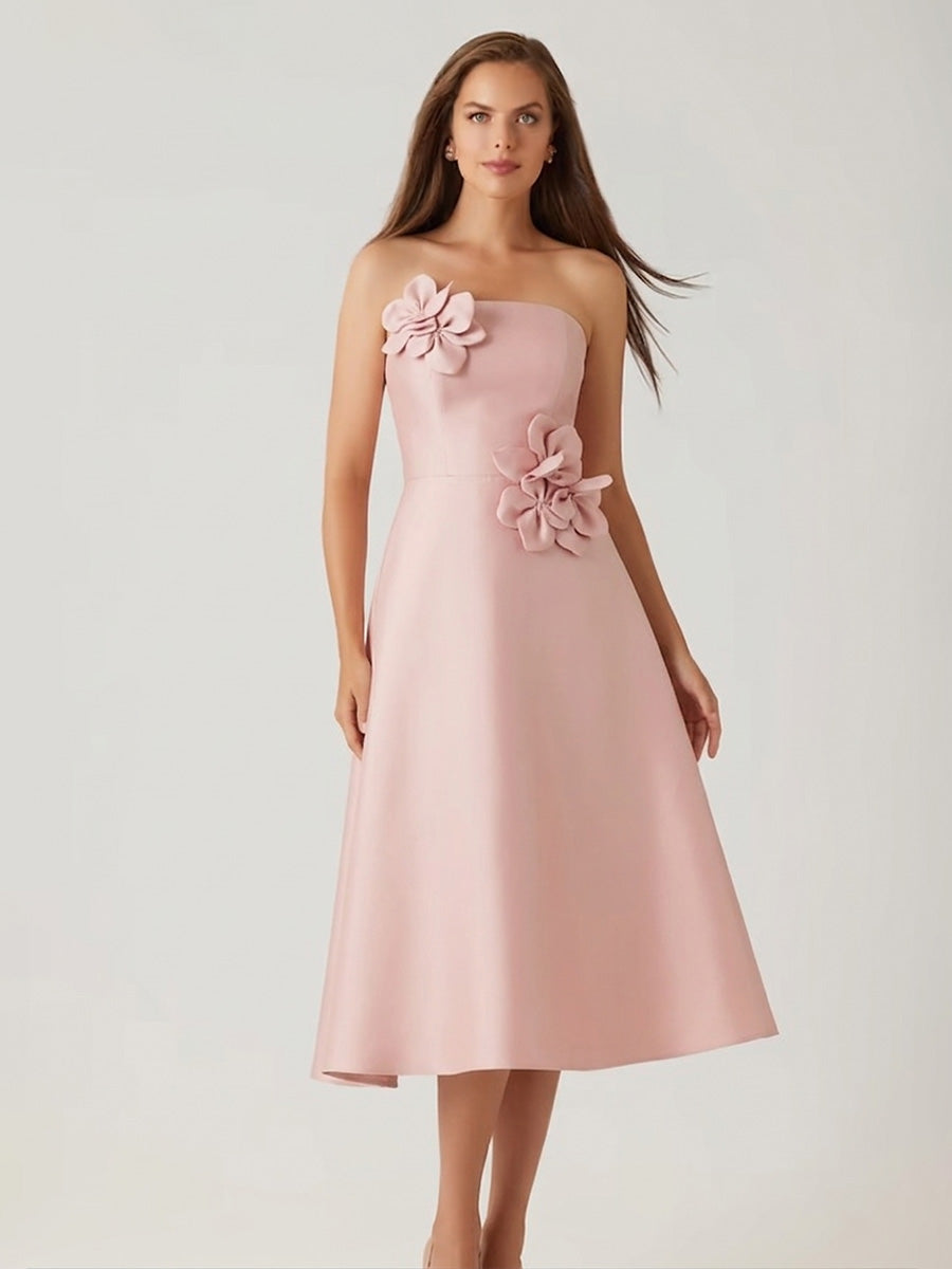 Satin A-Line/Princess Strapless Tea-Length Formal Dresses with 3D Flowers