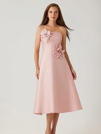 Satin A-Line/Princess Strapless Tea-Length Formal Dresses with 3D Flowers
