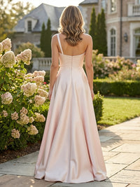 Satin A-Line/Princess One Shoulder Floor-Length Formal Dresses with 3D Flowers