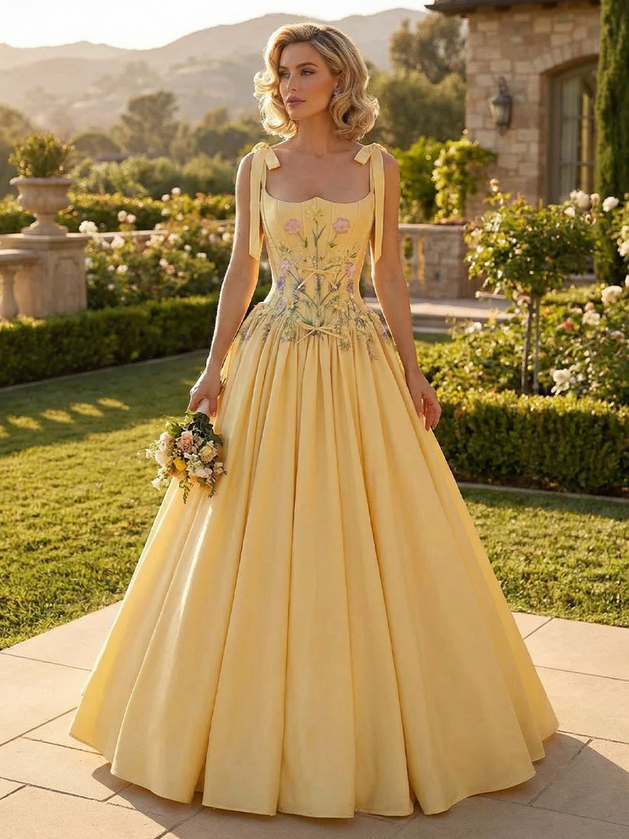 Satin A-Line/Princess Spaghetti Straps Floor-Length Formal Dresses with Appliques & Corset