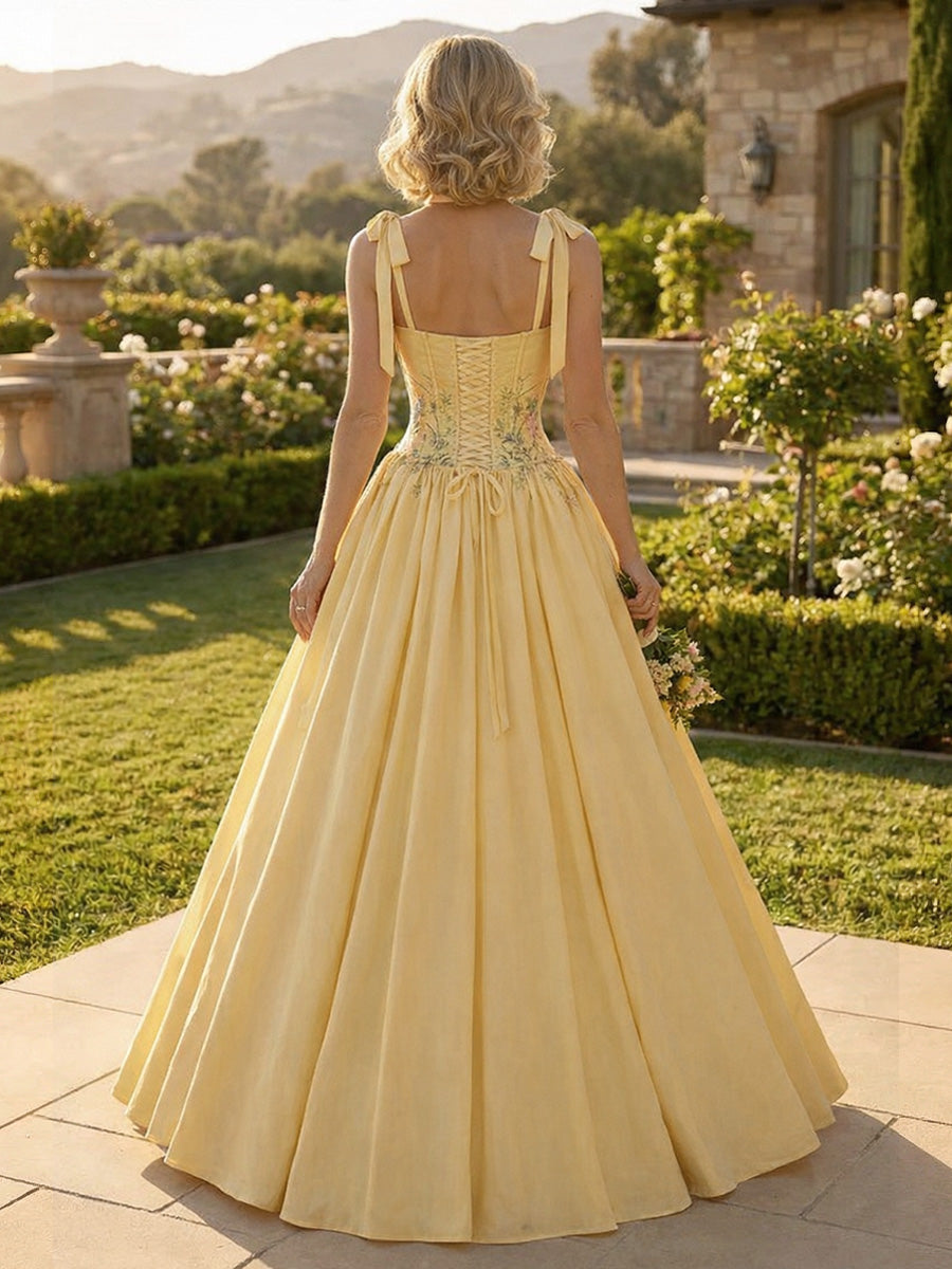 Satin A-Line/Princess Spaghetti Straps Floor-Length Formal Dresses with Appliques & Corset