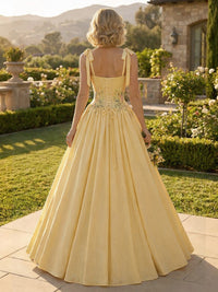 Satin A-Line/Princess Spaghetti Straps Floor-Length Formal Dresses with Appliques & Corset