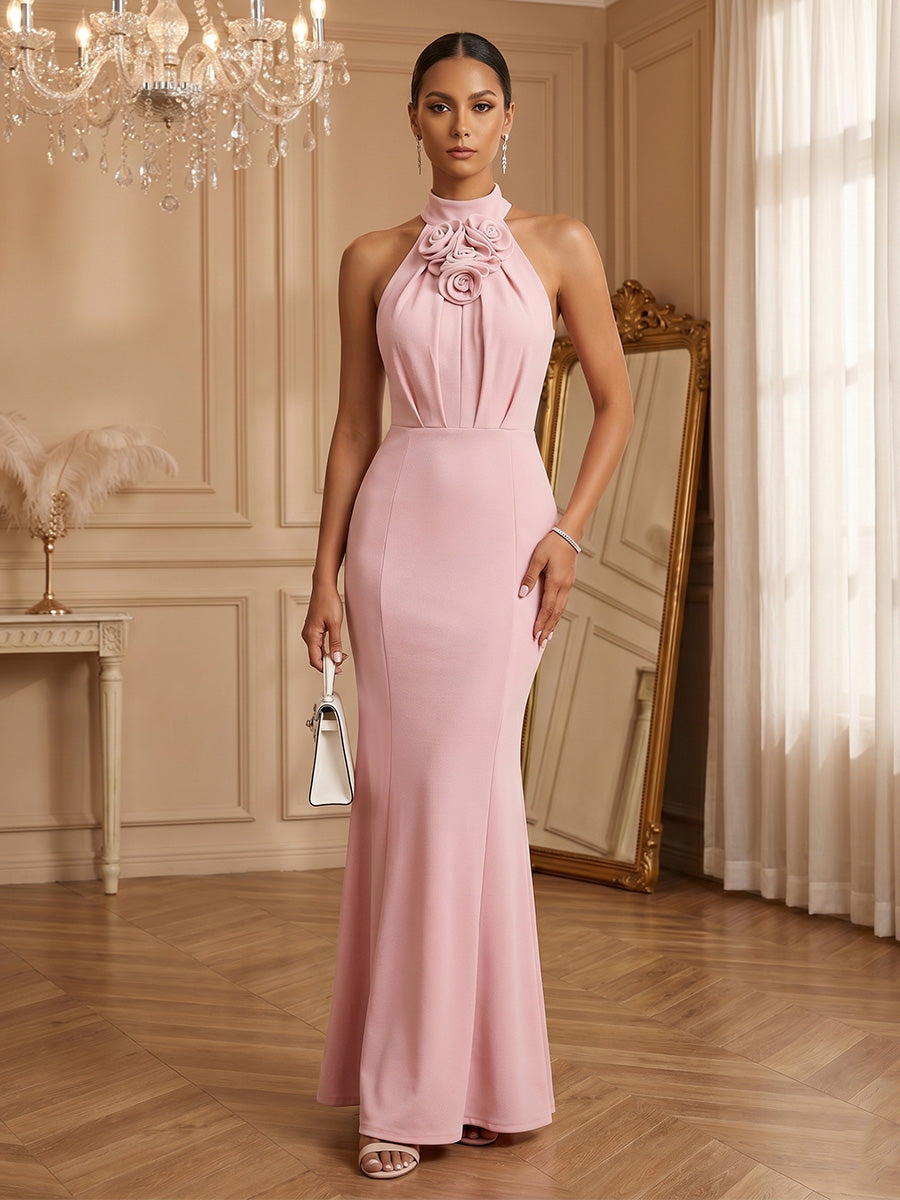 Stretch Mesh Sheath/Column Halter Floor-Length Formal Dresses with Ruched Waist