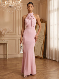 Stretch Mesh Sheath/Column Halter Floor-Length Formal Dresses with Ruched Waist