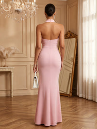Stretch Mesh Sheath/Column Halter Floor-Length Formal Dresses with Ruched Waist
