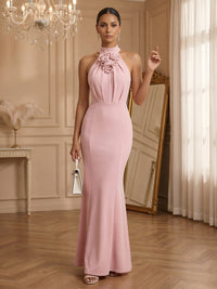 Stretch Mesh Sheath/Column Halter Floor-Length Formal Dresses with Ruched Waist
