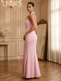 Stretch Mesh Sheath/Column Halter Floor-Length Formal Dresses with Ruched Waist