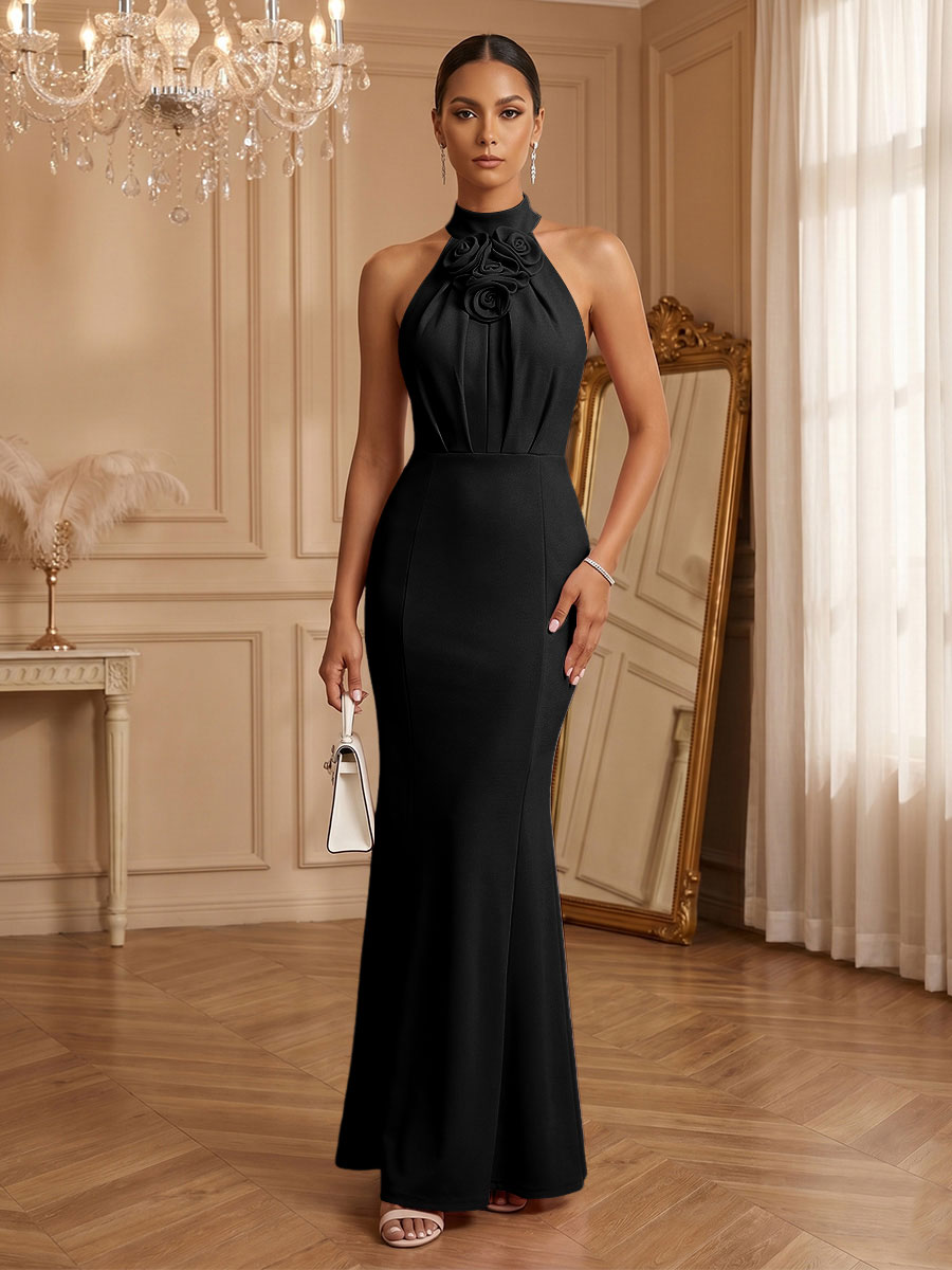 Stretch Mesh Sheath/Column Halter Floor-Length Formal Dresses with Ruched Waist