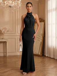 Stretch Mesh Sheath/Column Halter Floor-Length Formal Dresses with Ruched Waist