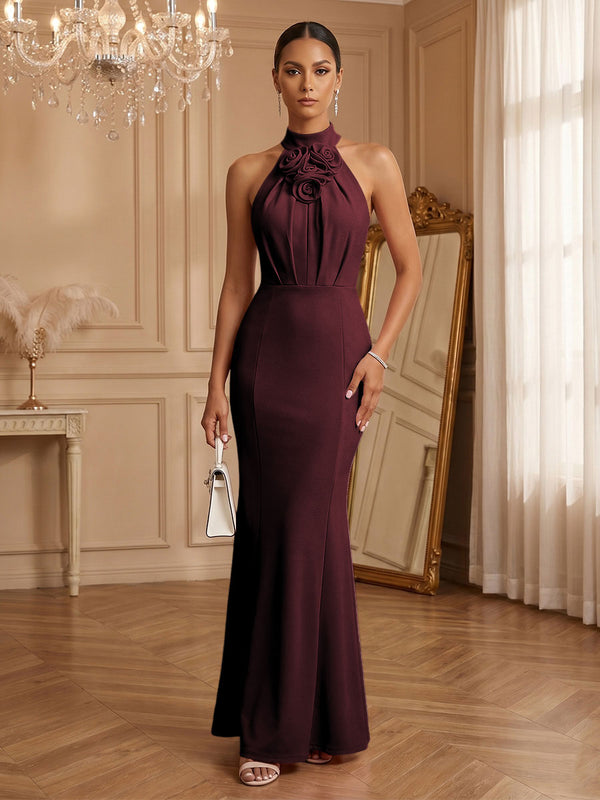 Stretch Mesh Sheath/Column Halter Floor-Length Formal Dresses with Ruched Waist