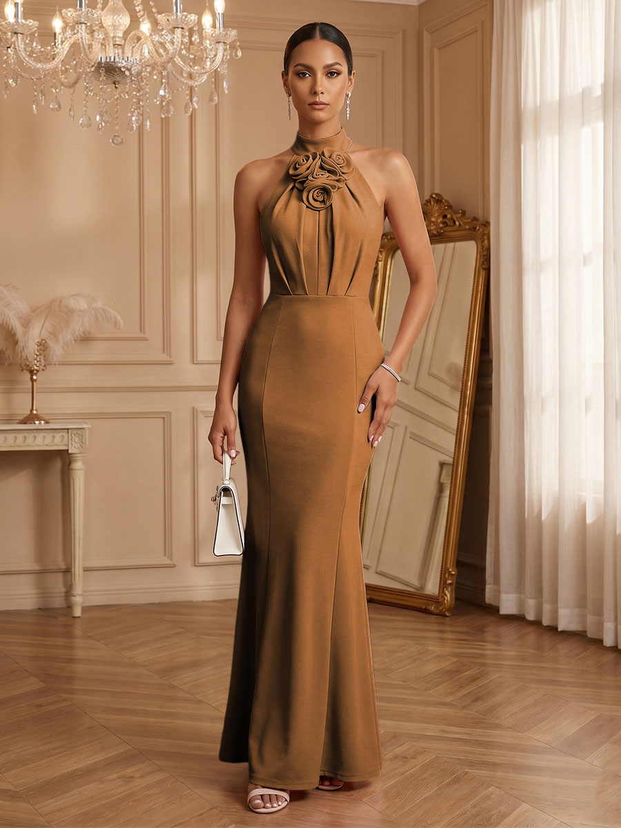 Stretch Mesh Sheath/Column Halter Floor-Length Formal Dresses with Ruched Waist