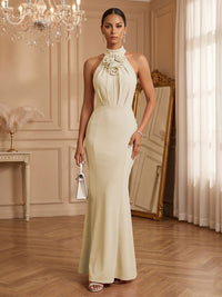 Stretch Mesh Sheath/Column Halter Floor-Length Formal Dresses with Ruched Waist