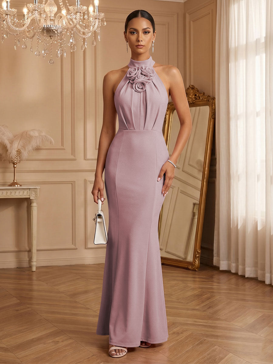 Stretch Mesh Sheath/Column Halter Floor-Length Formal Dresses with Ruched Waist