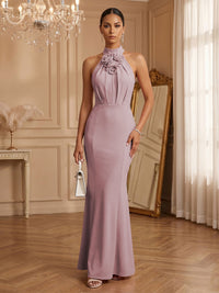 Stretch Mesh Sheath/Column Halter Floor-Length Formal Dresses with Ruched Waist