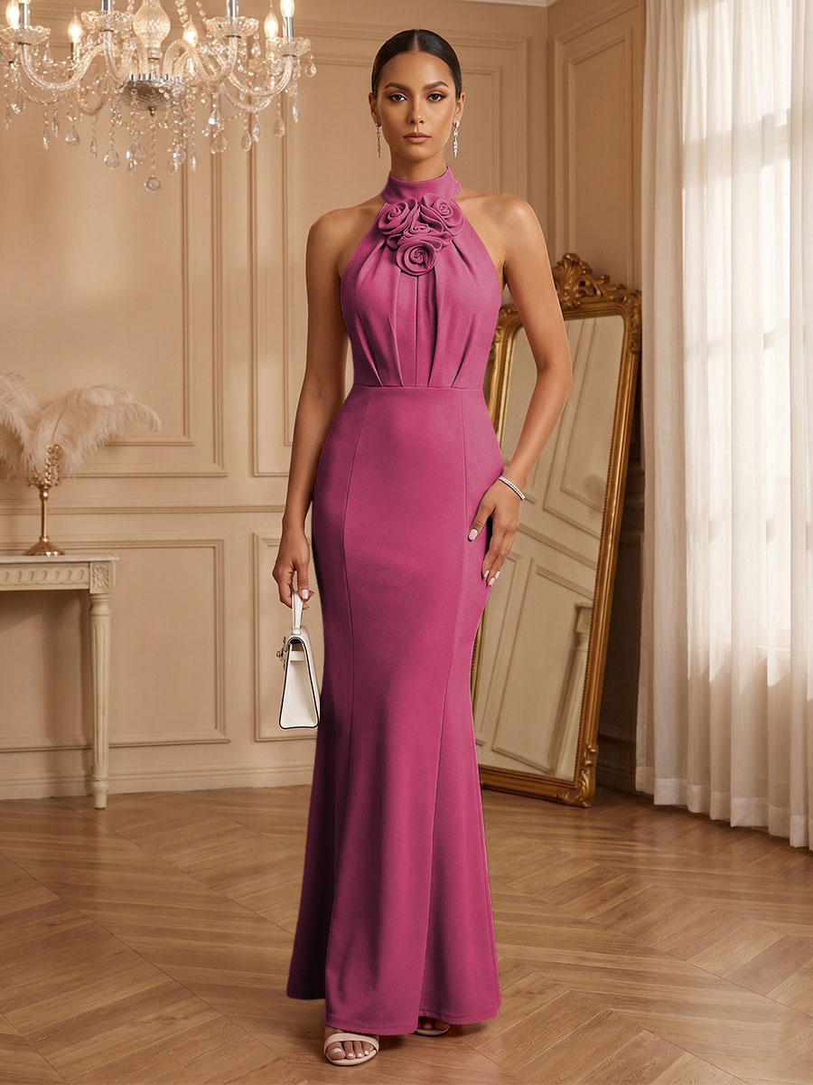 Stretch Mesh Sheath/Column Halter Floor-Length Formal Dresses with Ruched Waist