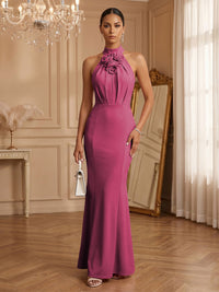 Stretch Mesh Sheath/Column Halter Floor-Length Formal Dresses with Ruched Waist