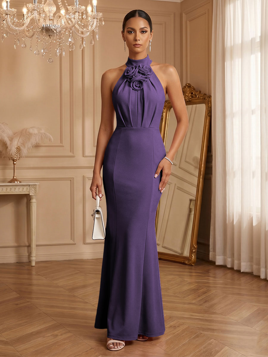 Stretch Mesh Sheath/Column Halter Floor-Length Formal Dresses with Ruched Waist
