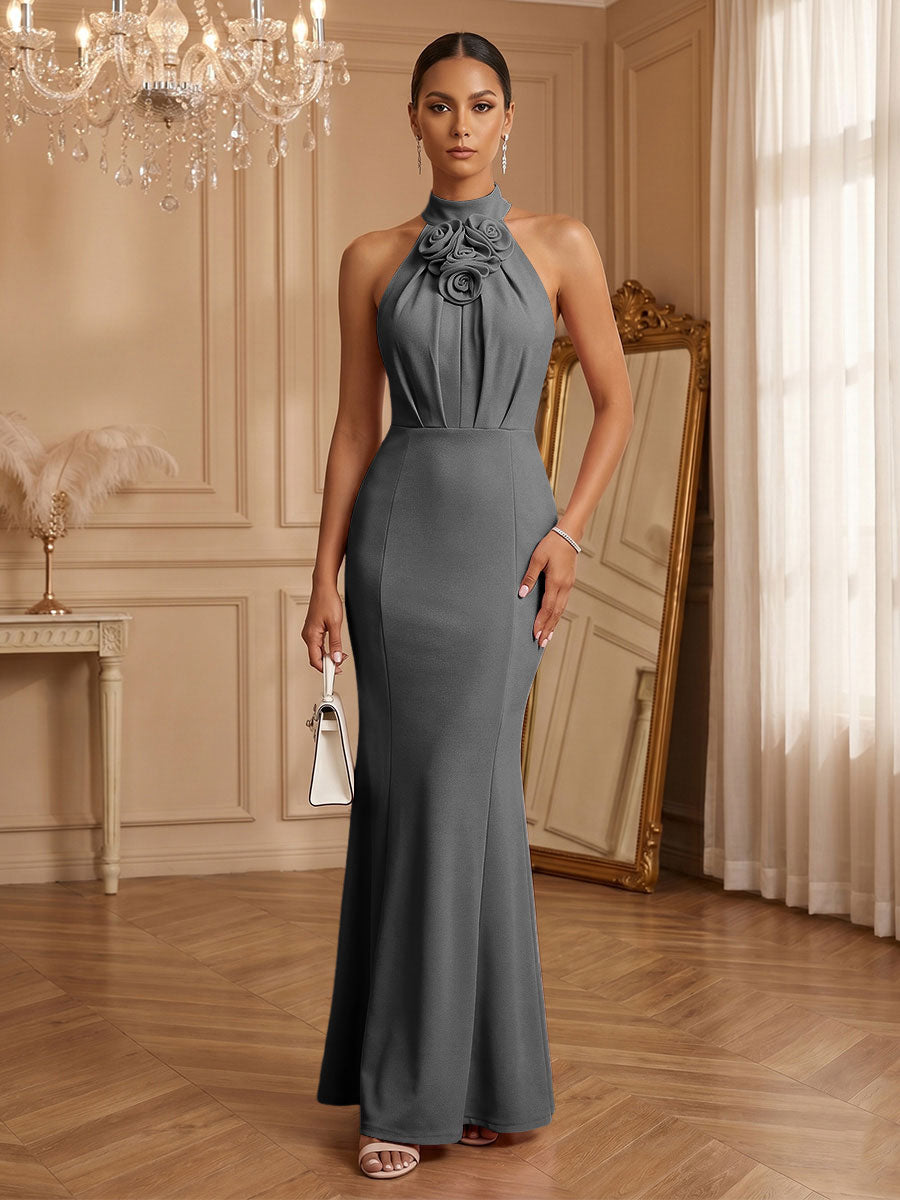 Stretch Mesh Sheath/Column Halter Floor-Length Formal Dresses with Ruched Waist
