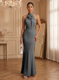 Stretch Mesh Sheath/Column Halter Floor-Length Formal Dresses with Ruched Waist