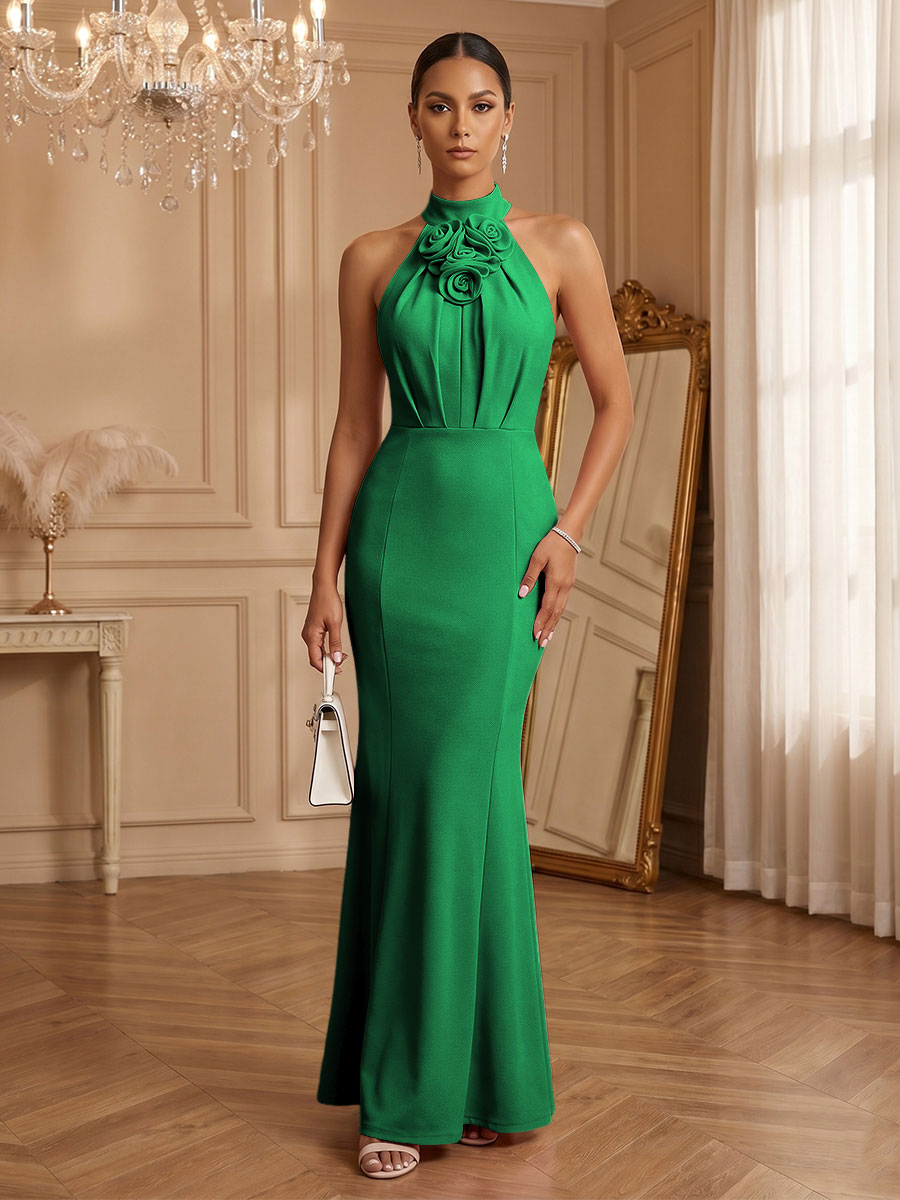 Stretch Mesh Sheath/Column Halter Floor-Length Formal Dresses with Ruched Waist