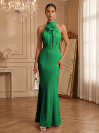 Stretch Mesh Sheath/Column Halter Floor-Length Formal Dresses with Ruched Waist