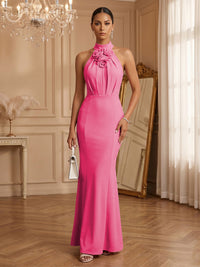 Stretch Mesh Sheath/Column Halter Floor-Length Formal Dresses with Ruched Waist