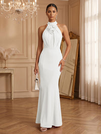 Stretch Mesh Sheath/Column Halter Floor-Length Formal Dresses with Ruched Waist