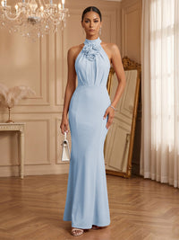 Stretch Mesh Sheath/Column Halter Floor-Length Formal Dresses with Ruched Waist