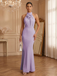 Stretch Mesh Sheath/Column Halter Floor-Length Formal Dresses with Ruched Waist
